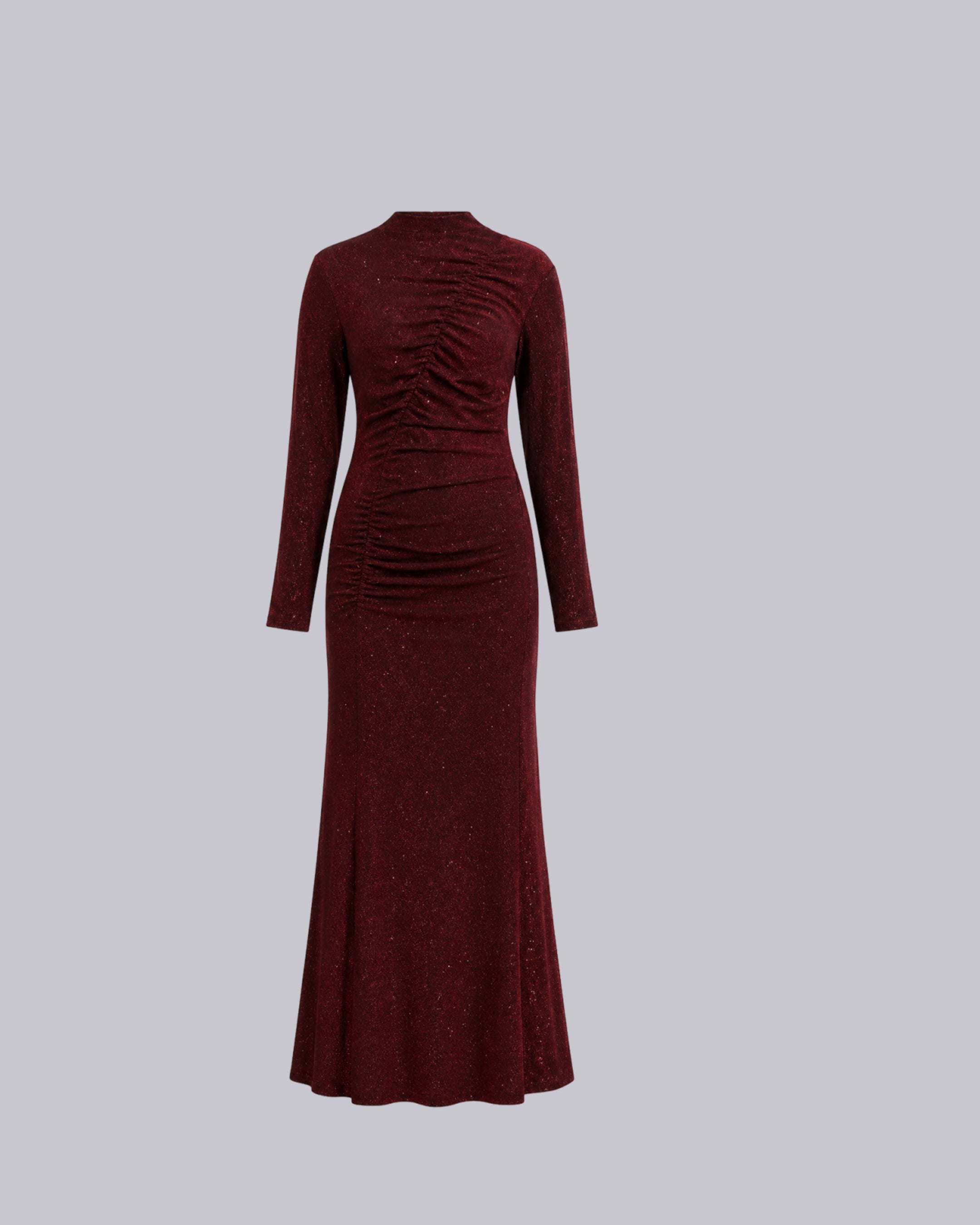 A long-sleeve, high-neck maxi dress in a deep burgundy marbled fabric