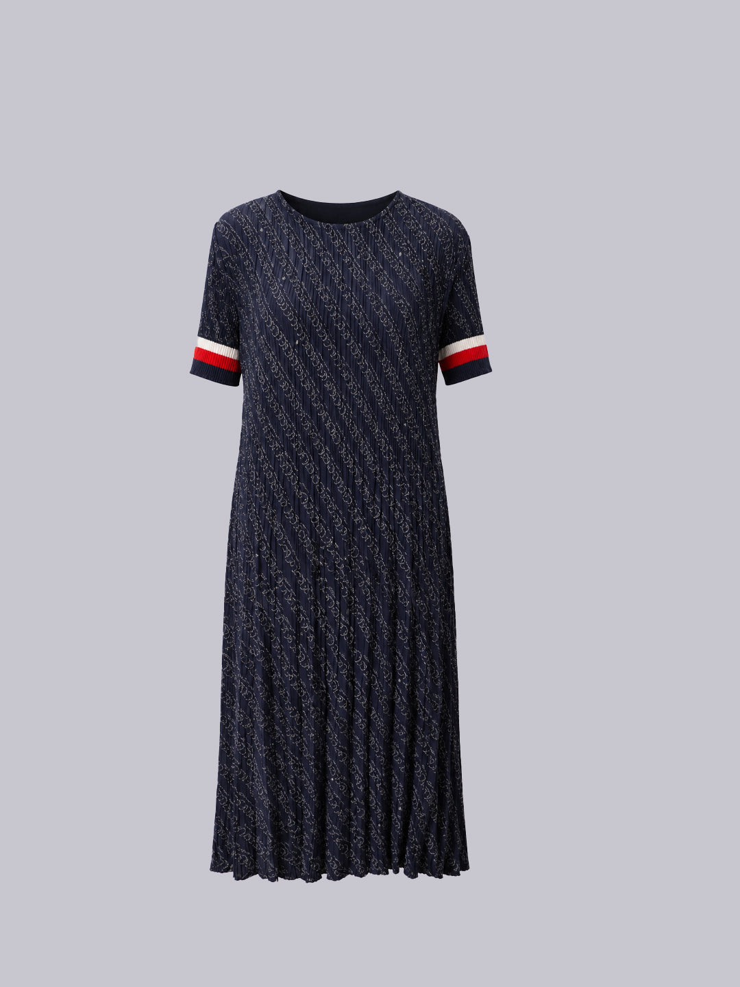 A short-sleeve knit dress in dark navy blue with a textured diagonal pattern.