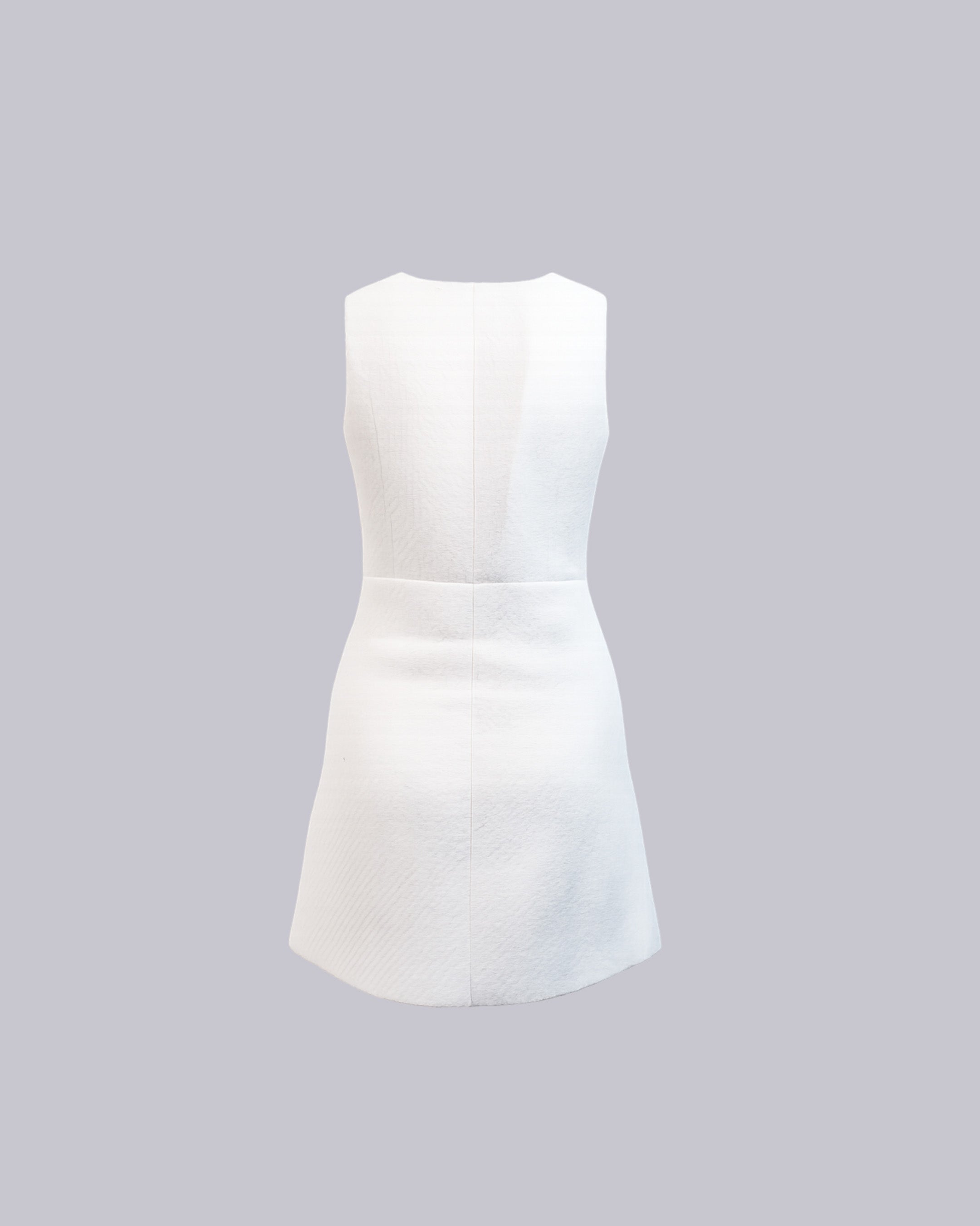 A sleeveless white mini dress.