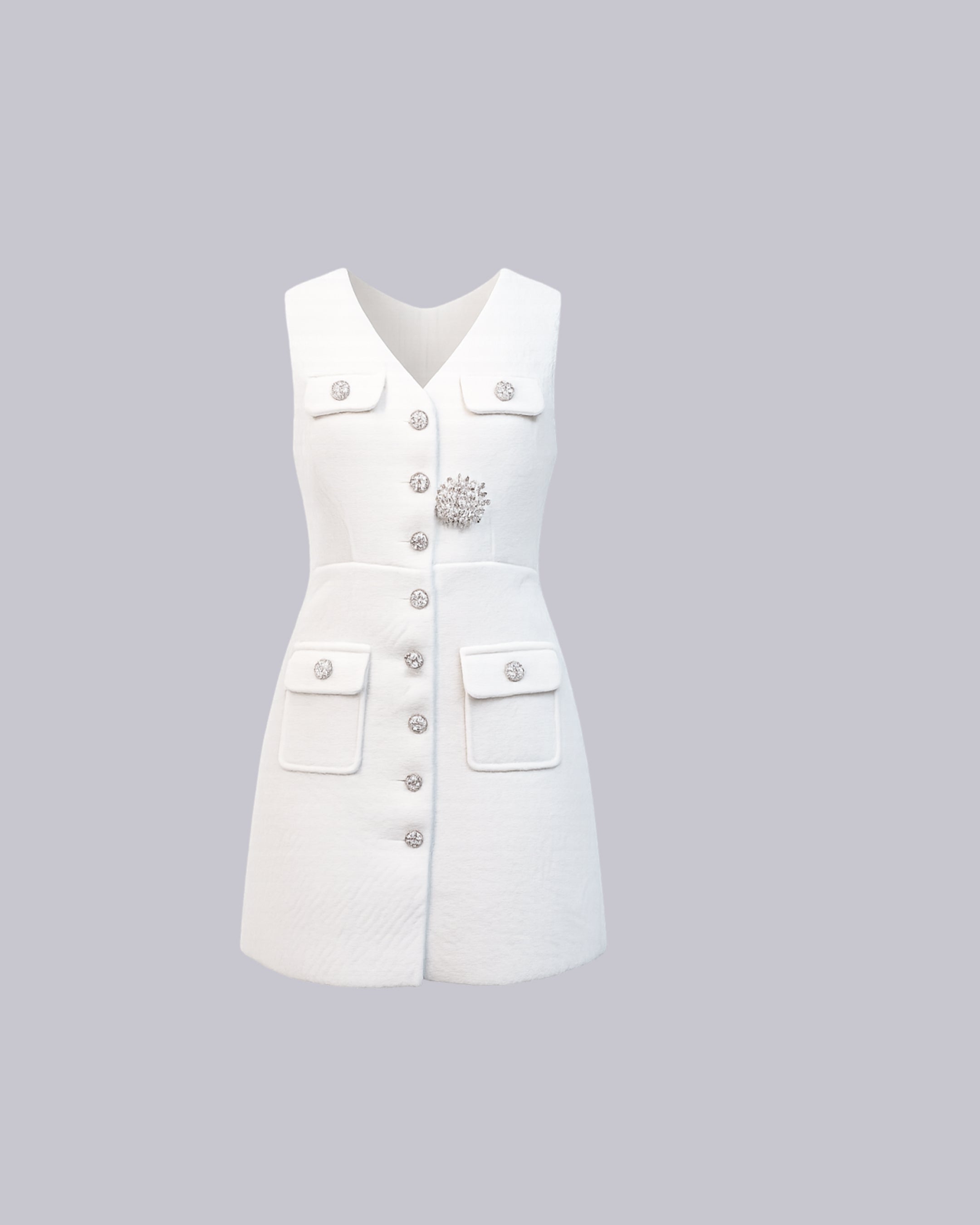 A white sleeveless mini dress.