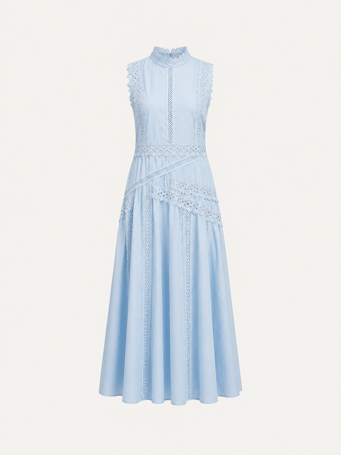A sleeveless light blue midi dress with a high mock neck.