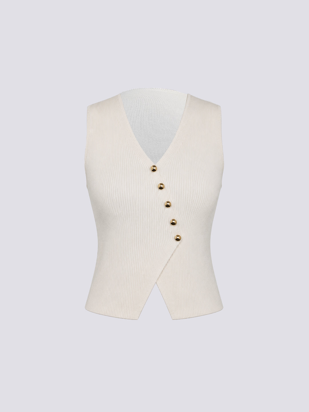 An off-white ribbed knit wrap vest with a V-neckline and five gold-tone buttons.
