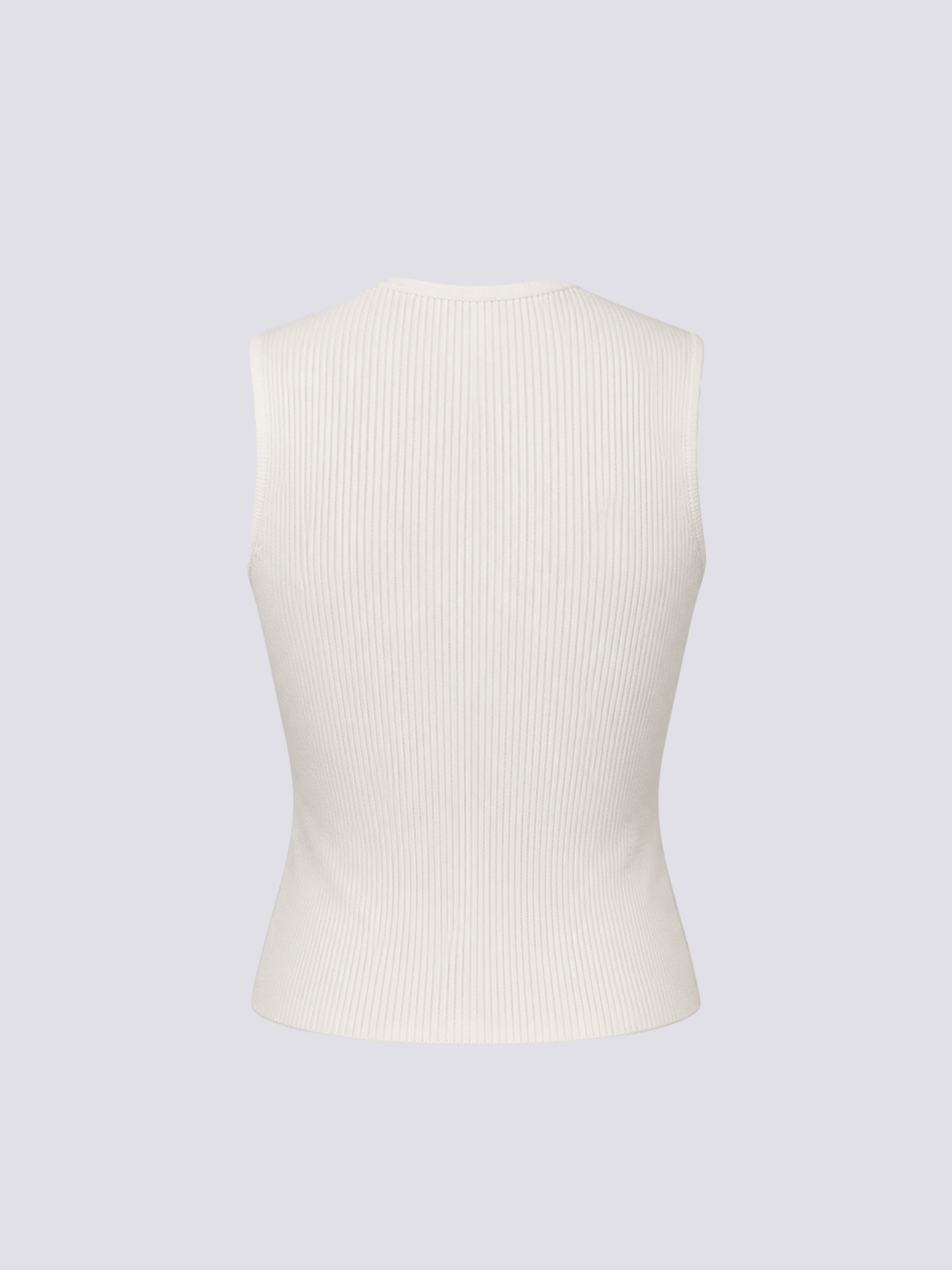 A sleeveless ribbed knit top in off-white, shown from the back against.