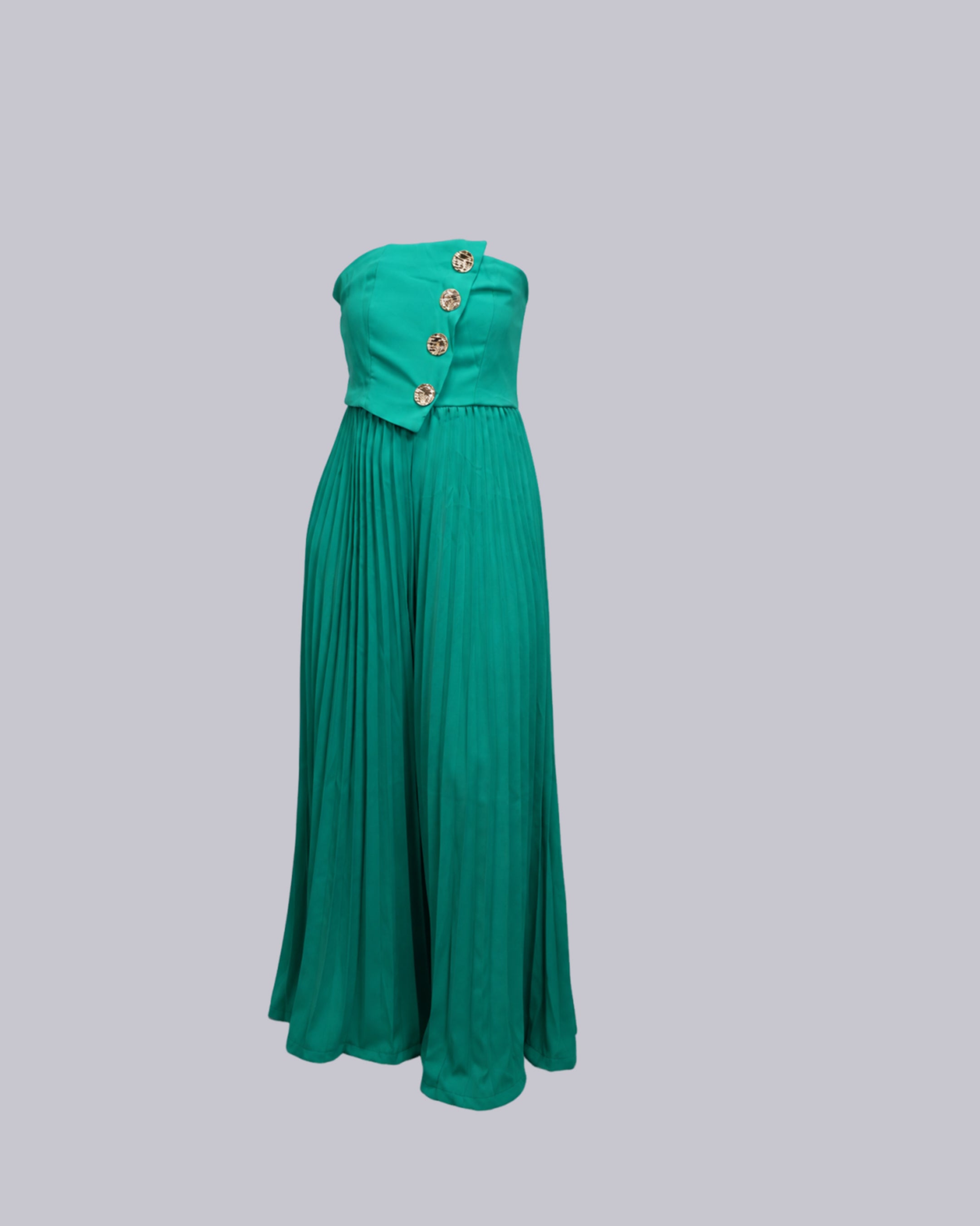 A strapless emerald green maxi dress
