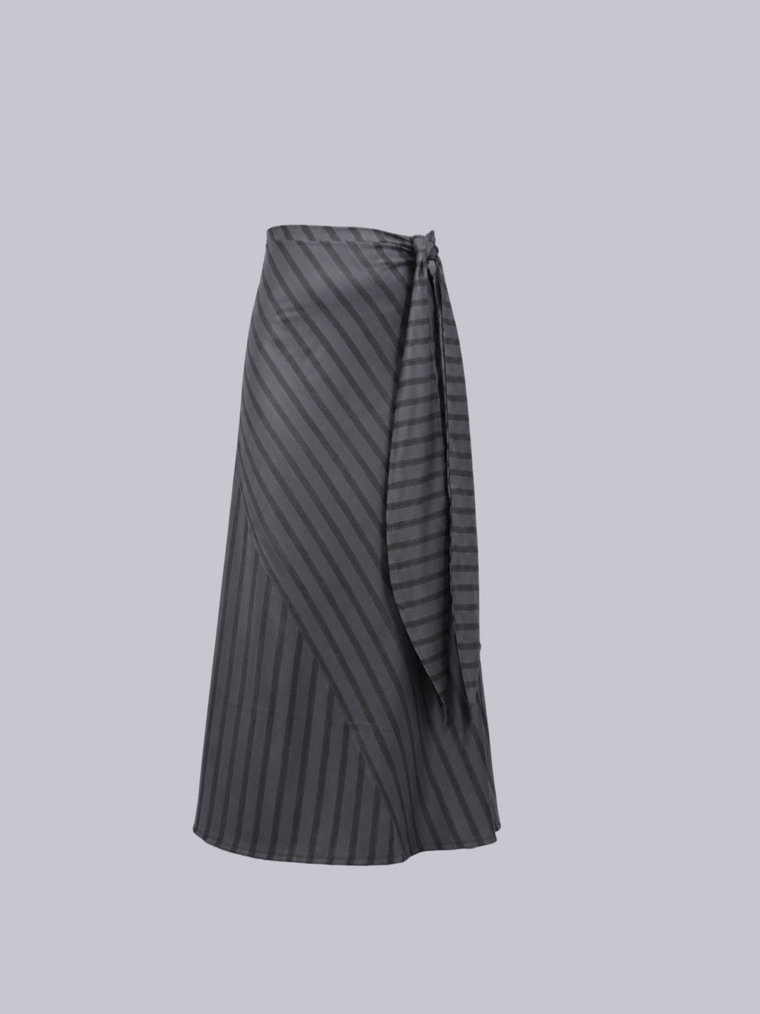 A dark gray wrap skirt with vertical diagonal stripes