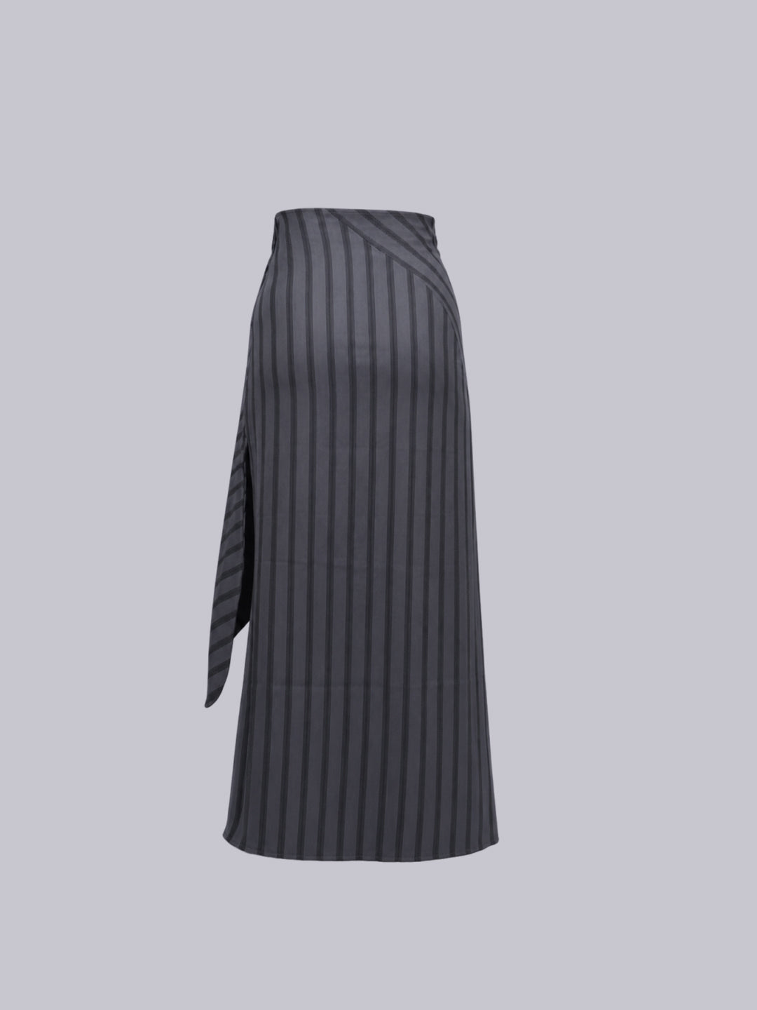 A dark gray wrap-style midi skirt