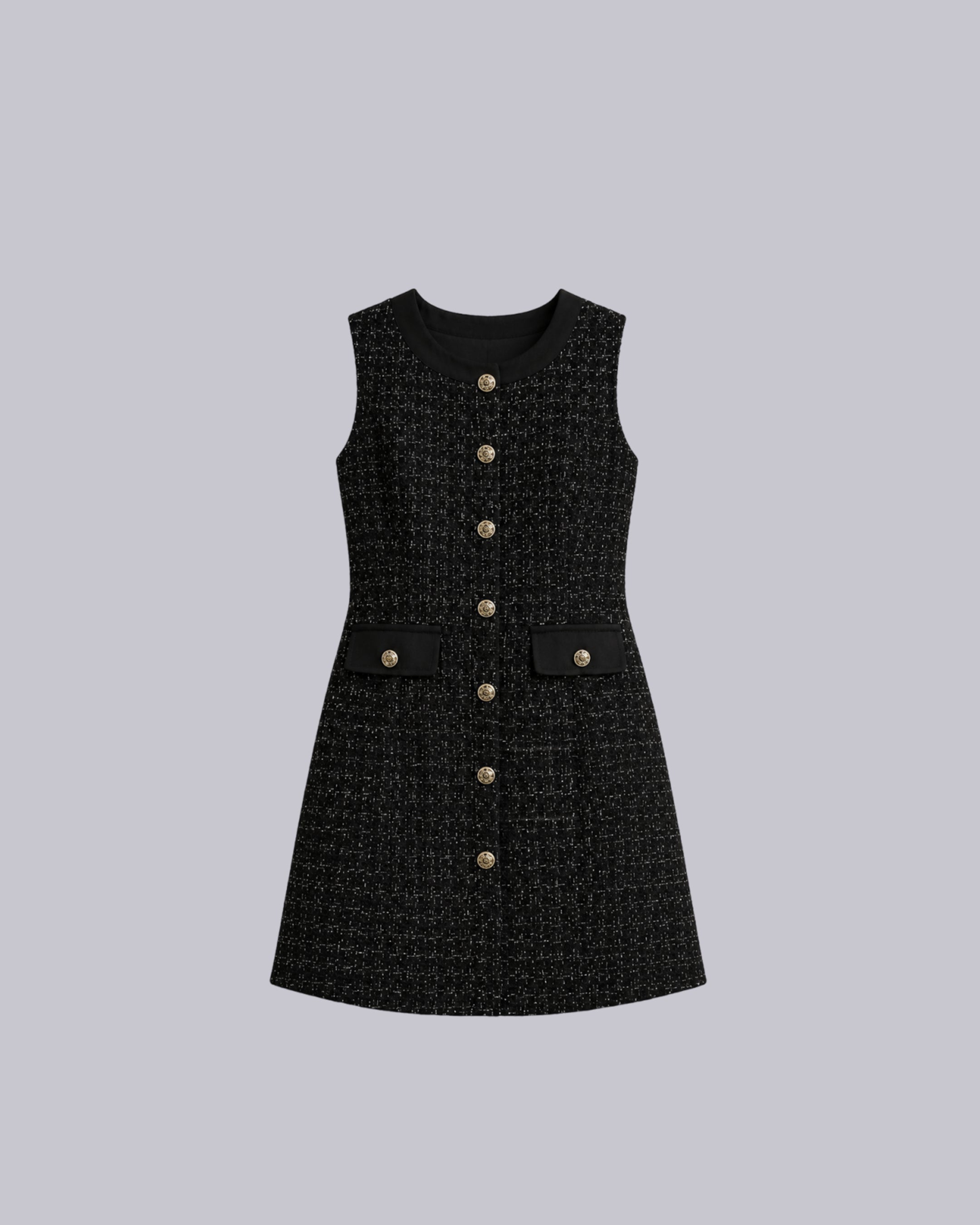 A sleeveless black tweed mini dress with a textured black and white micro-pattern.
