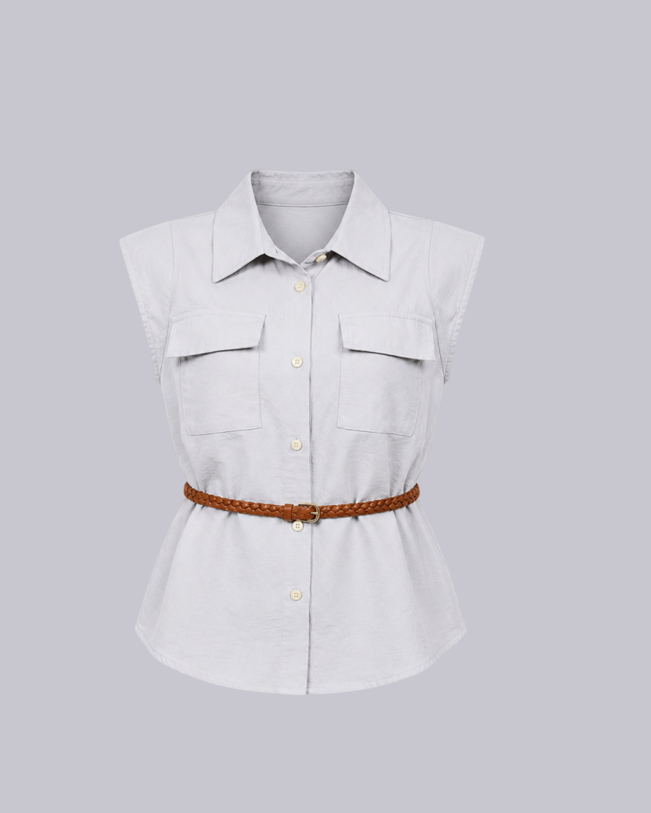 A light gray sleeveless collared shirt.