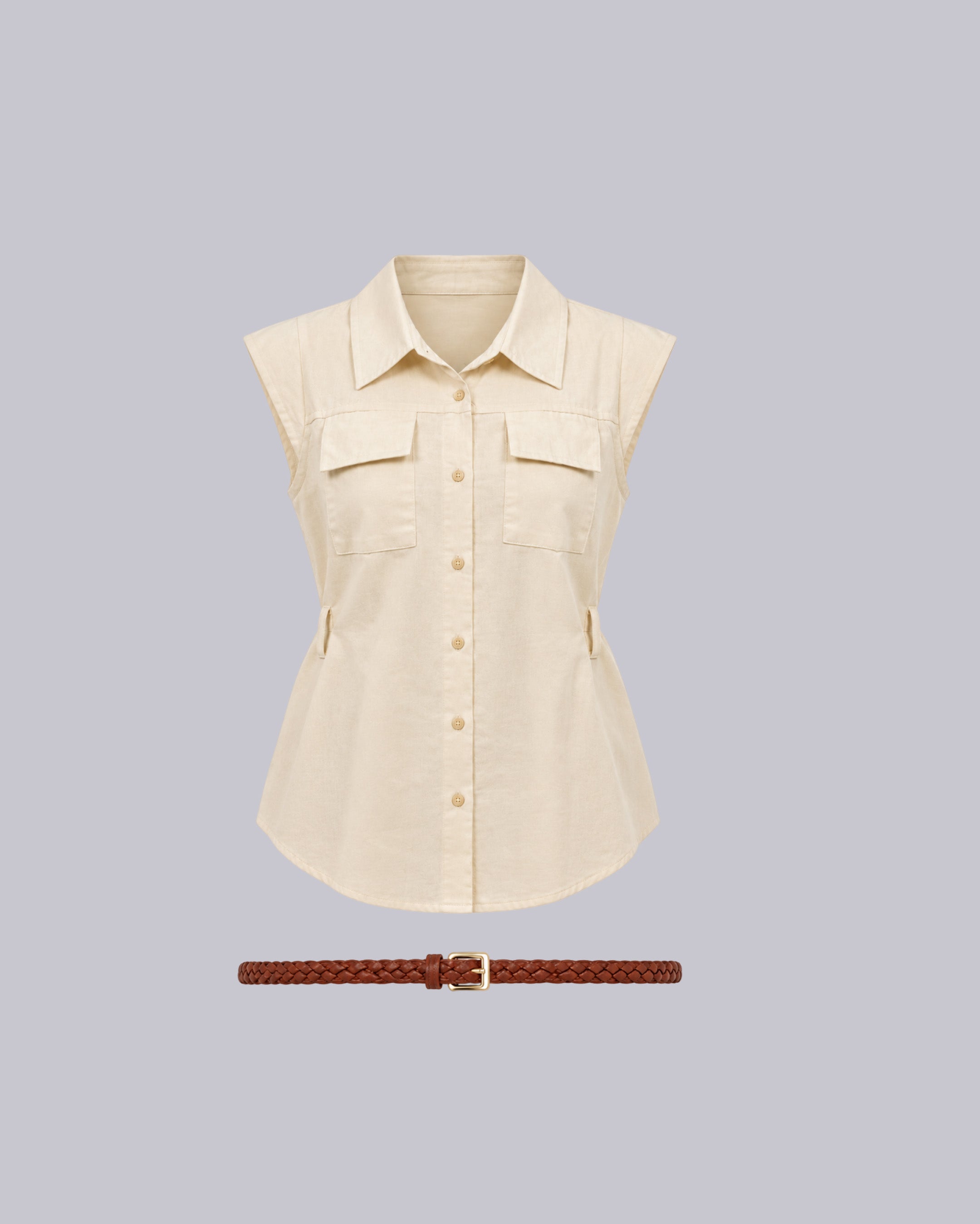 A sleeveless cream-colored collared shirt with button-front.