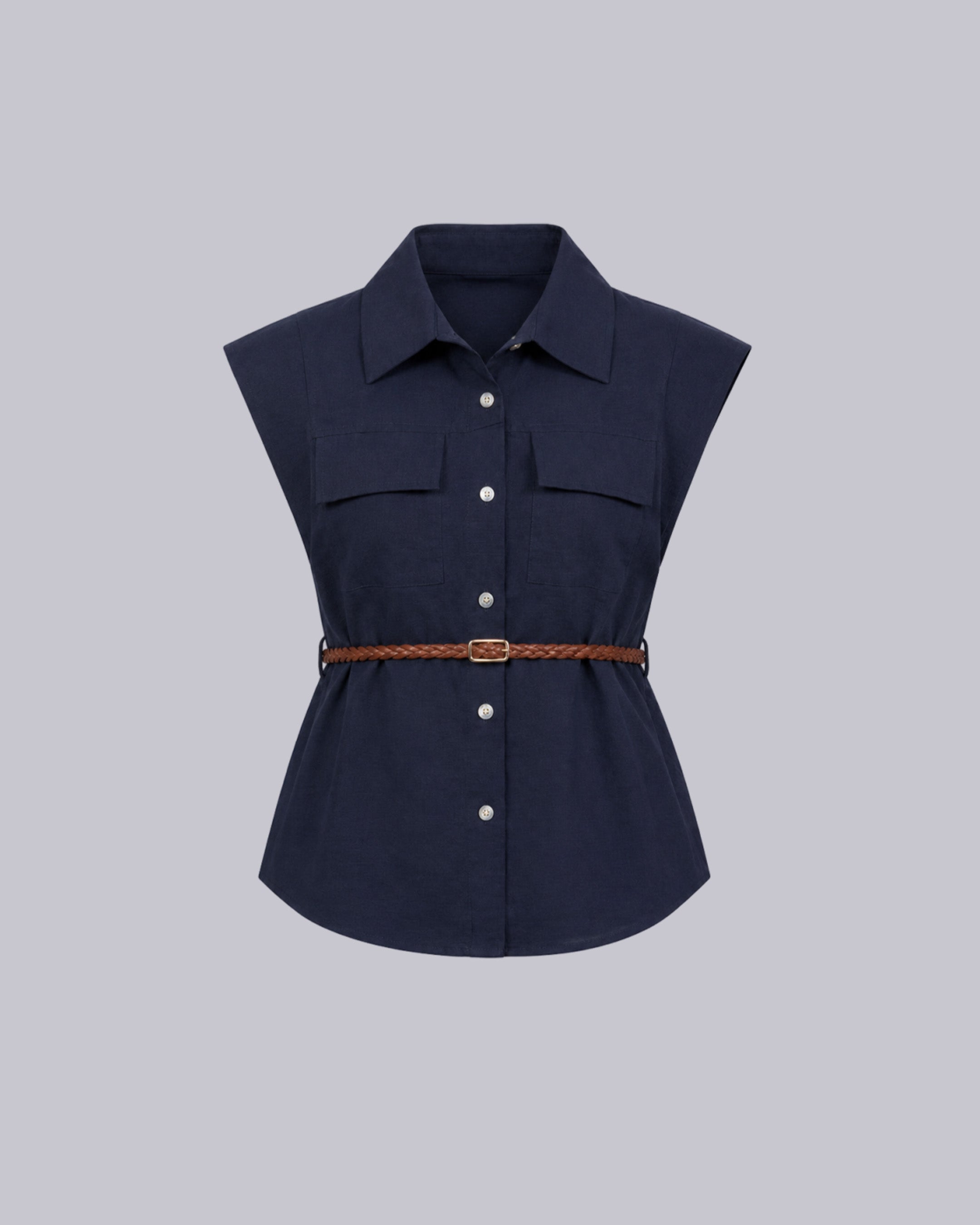 A sleeveless dark navy button-front shirt.