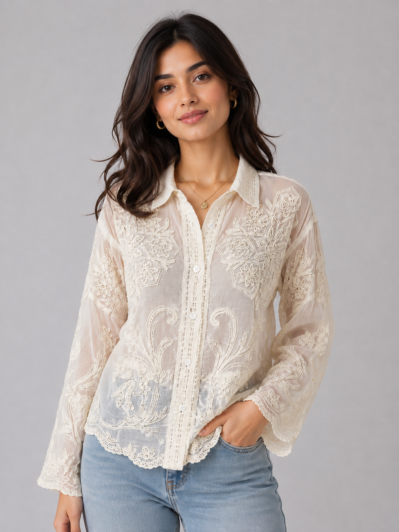 Women's Floral Embroidered Sheer Cotton Blouse with Bell Sleeves