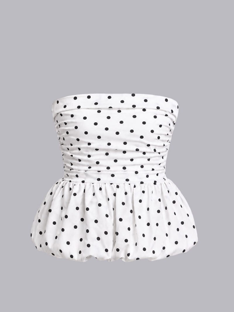 Women's White Polka Dot Strapless Top | Ruched Peplum Bustier Top