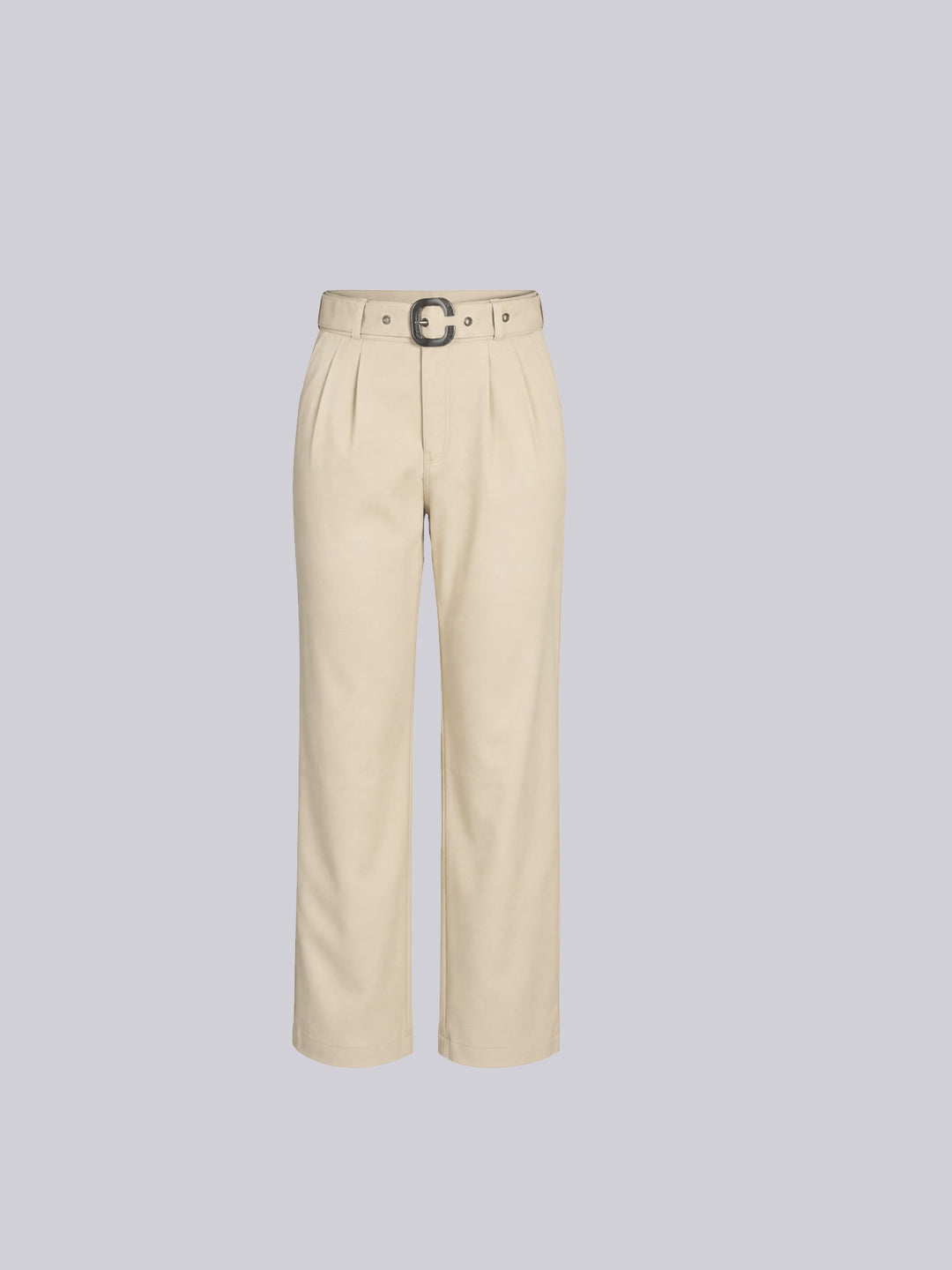 A pair of high-waisted, wide-leg trousers in a light beige color.