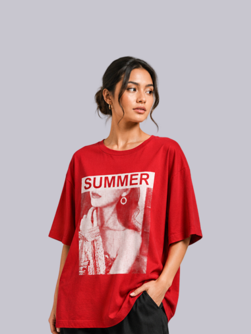 Women's Red Oversized Graphic T-Shirt