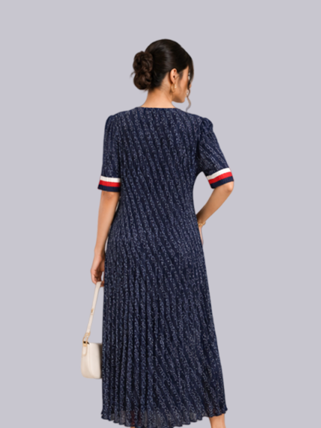Women's Navy Printed Pleated Shift Dress.