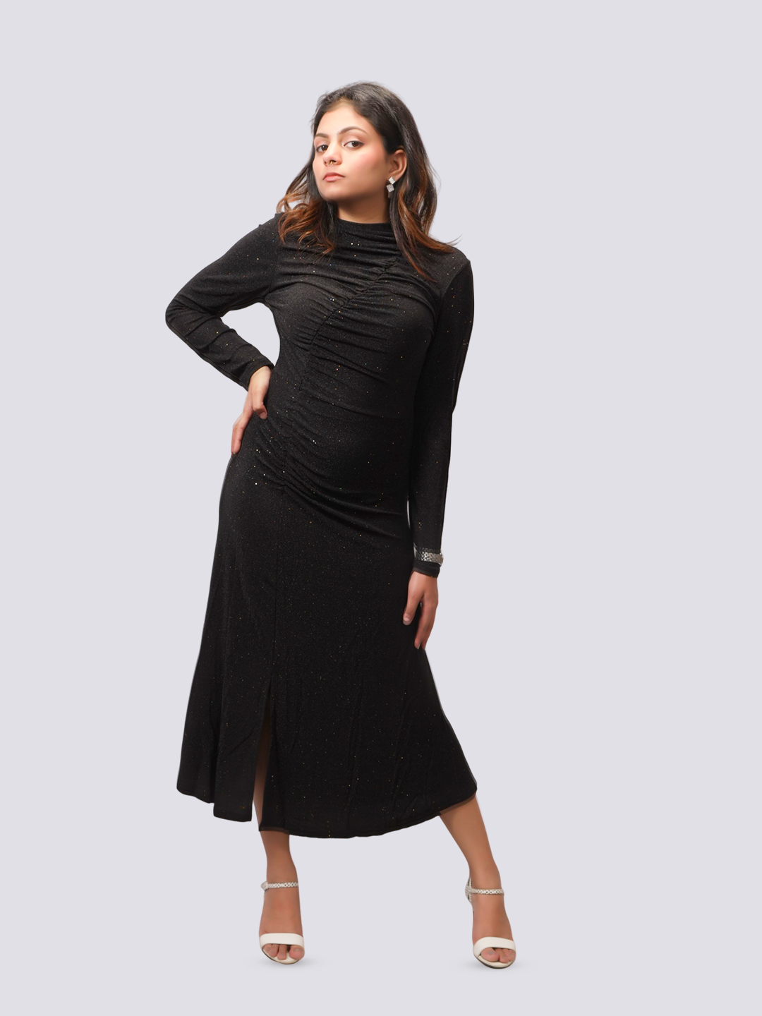 Women's black long sleeve maxi dress with a flattering silhouette, perfect for casual and formal occasions