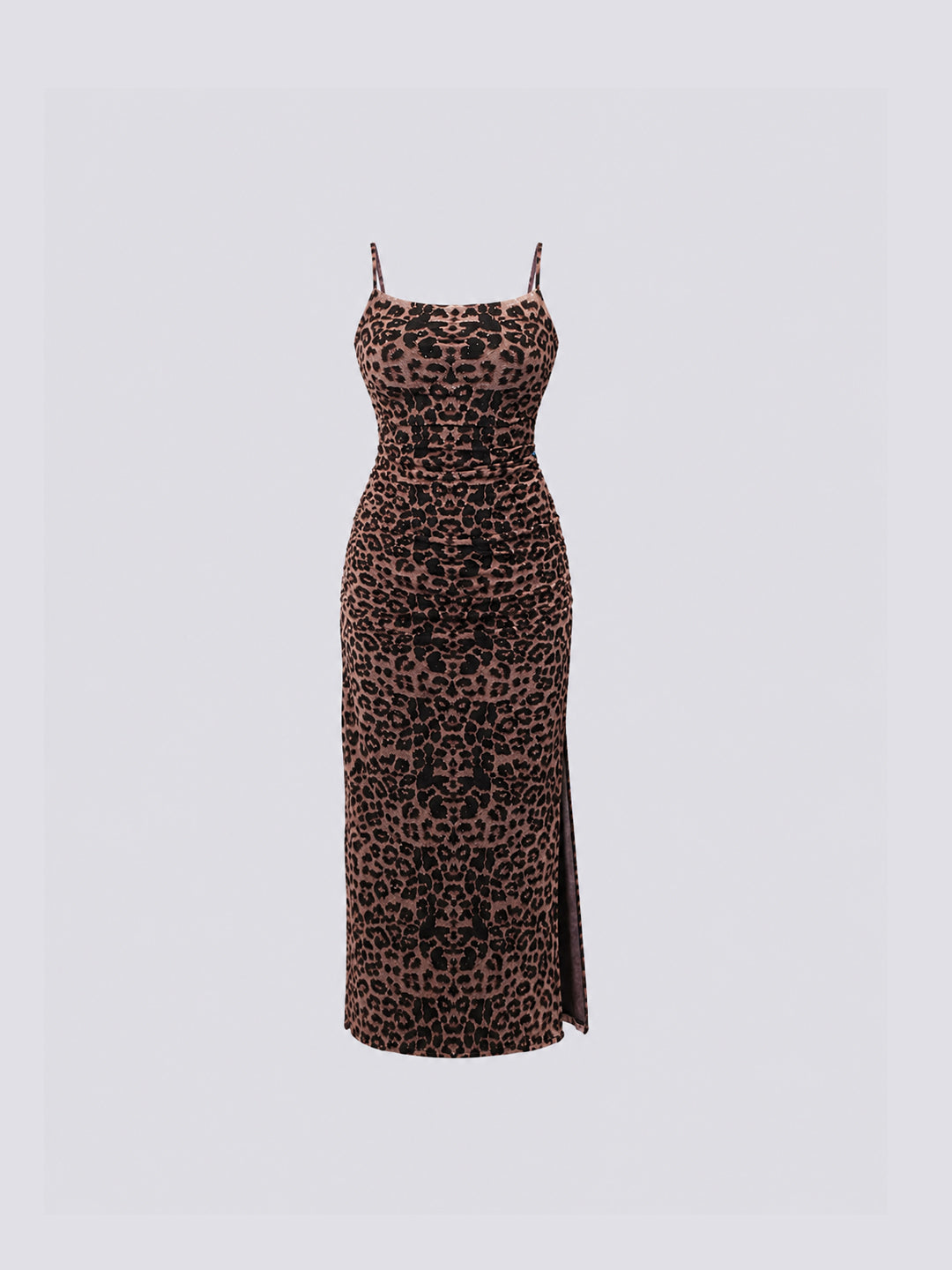 Women's leopard print midi dress with spaghetti straps and side slit.