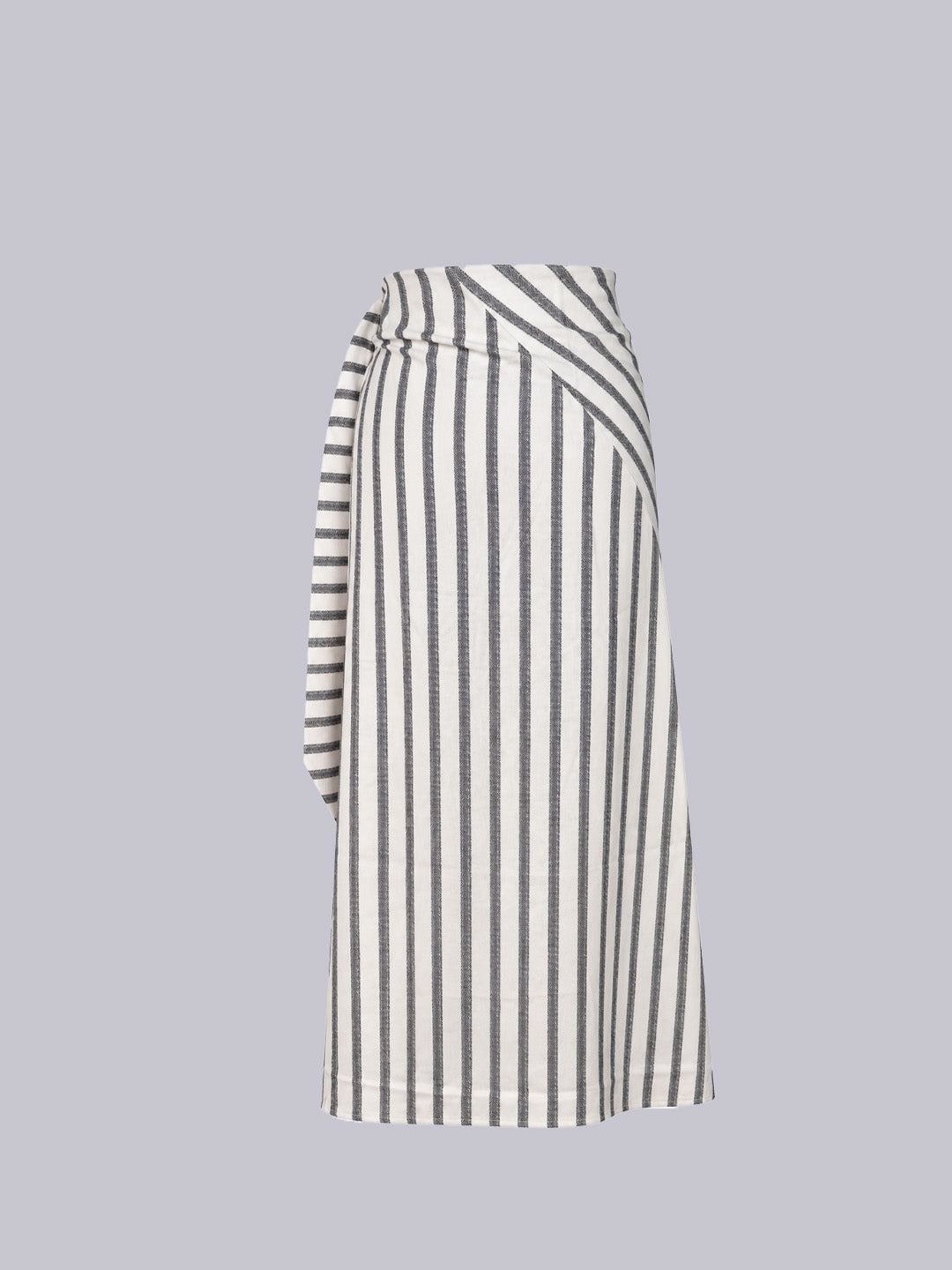 A wrap-style midi skirt with vertical black and off-white stripes.