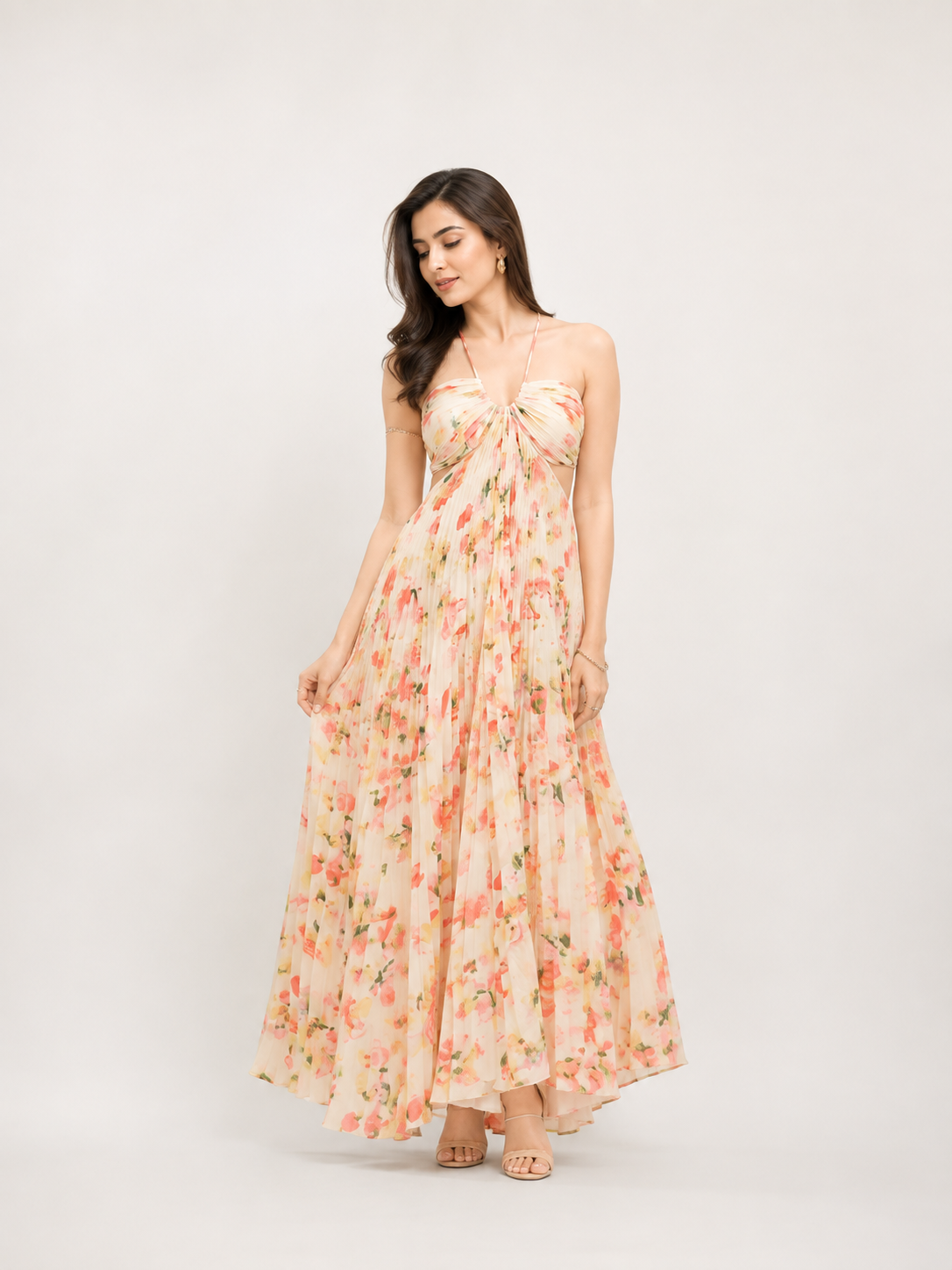 Women’s Floral Satin Pleated Halter Neck Cutout Maxi Dress