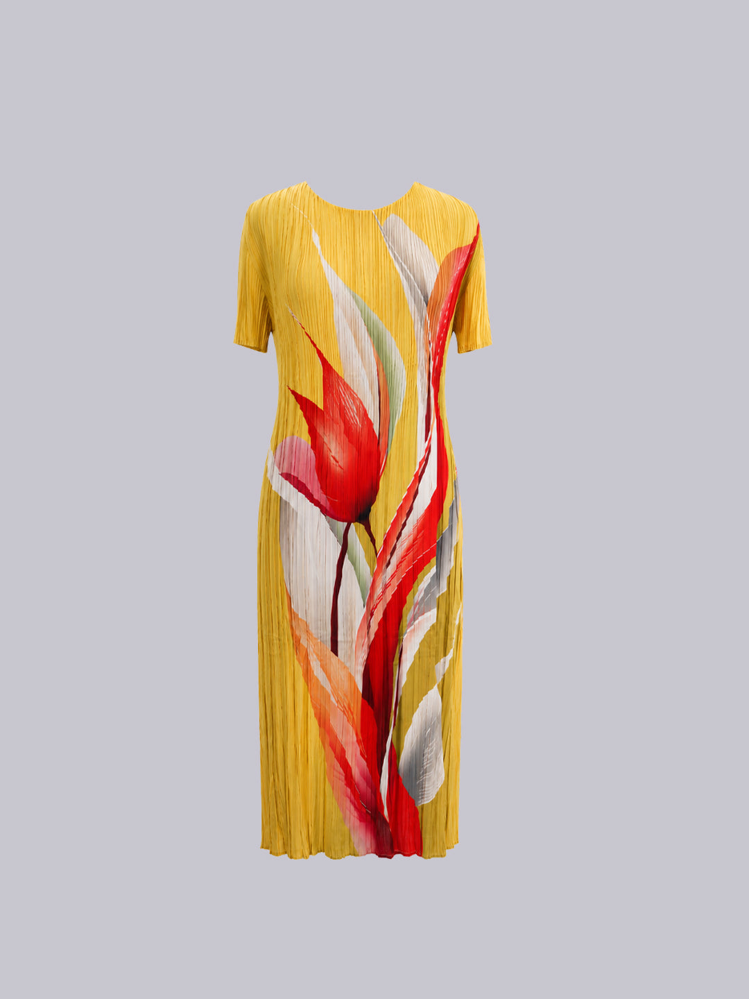 A yellow short-sleeve pleated dress featuring a large abstract red and white tropical flower print on the front.
