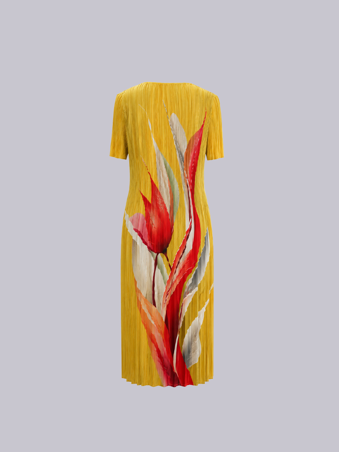 A yellow pleated short-sleeve dress featuring a large red and white tropical .