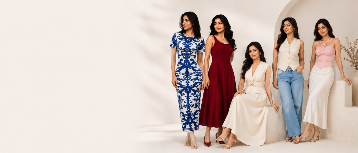 Four women modeling elegant dresses in a bright, minimalist studio setting with white architectural curves.