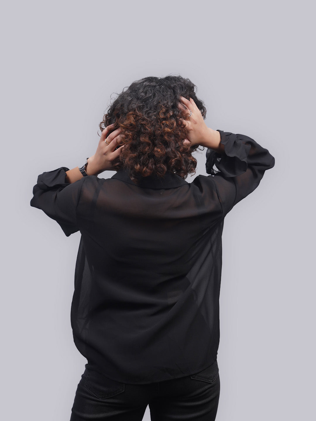 Women’s Black Sheer Ruffle Cold Shoulder Blouse | Bell Sleeve Chiffon Top 