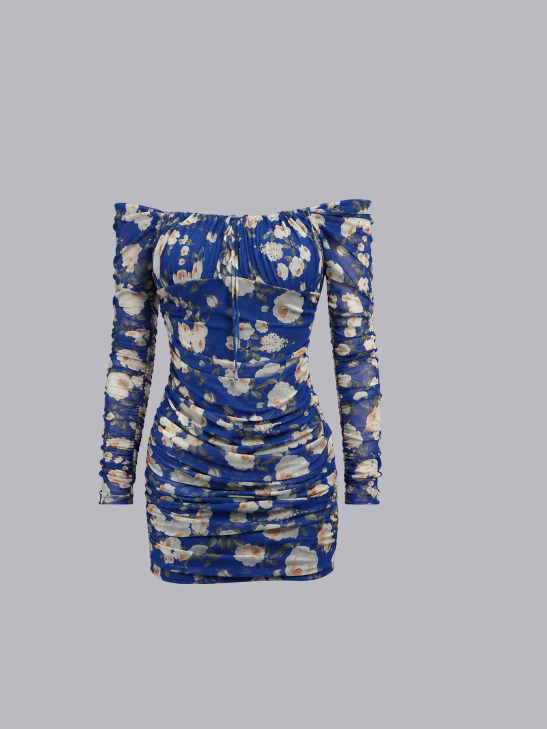A blue off-the-shoulder long-sleeve mini dress.