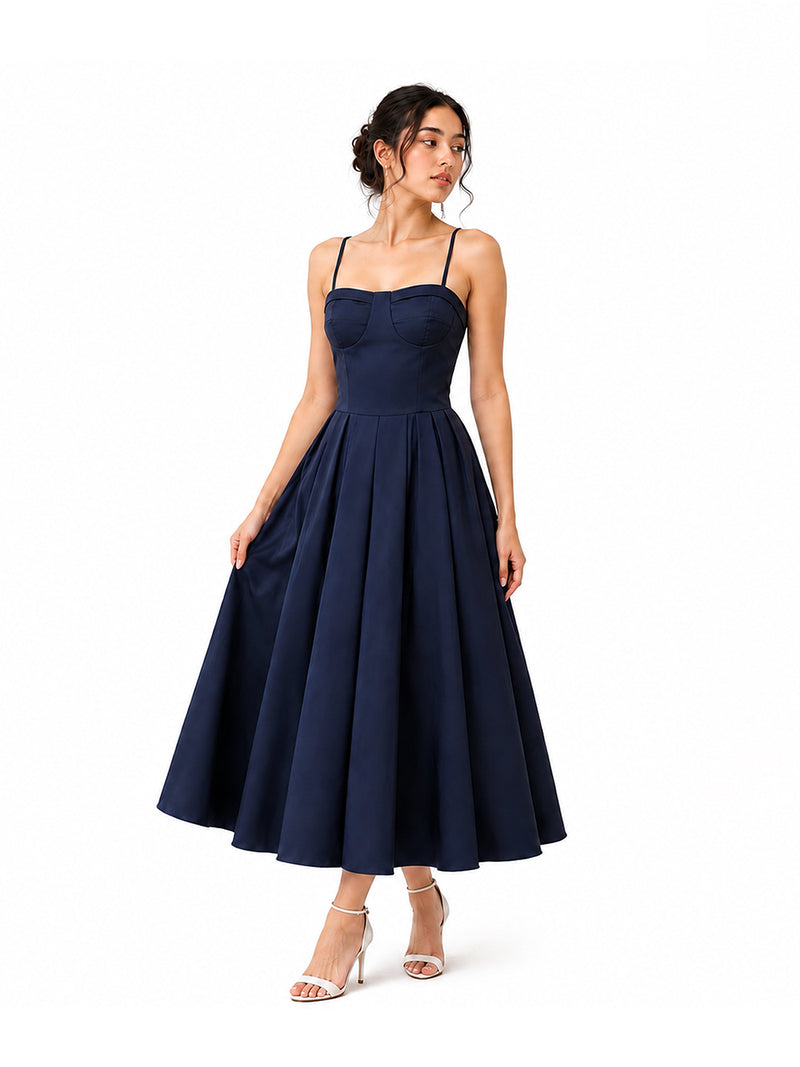 Strap fit-and-flare midi dress with corset-style