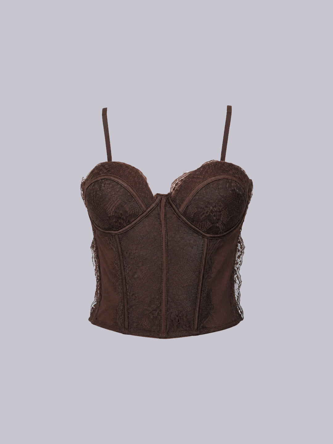 A dark brown lace and corset-style camisole top with thin shoulder straps, photographed against a solid light gray background.