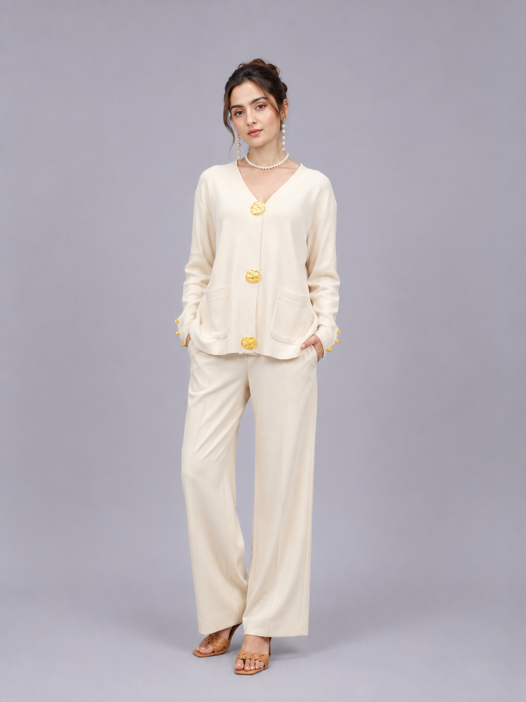Women’s V-Neck Cardigan with Wide Leg Pants Co-ord Set