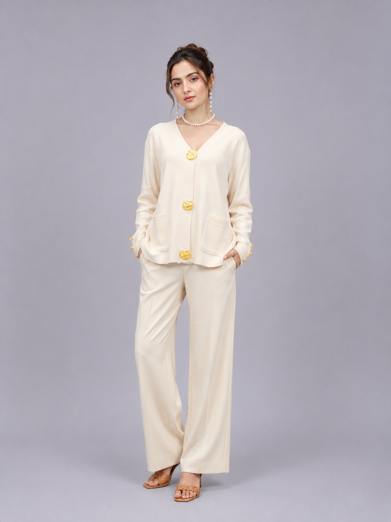 Women’s V-Neck Cardigan with Wide Leg Pants Co-ord Set
