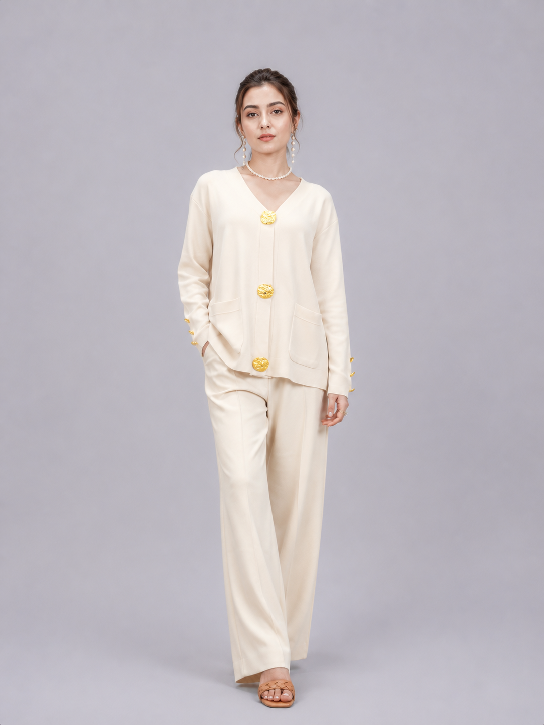 Women’s V-Neck Cardigan with Wide Leg Pants Co-ord Set