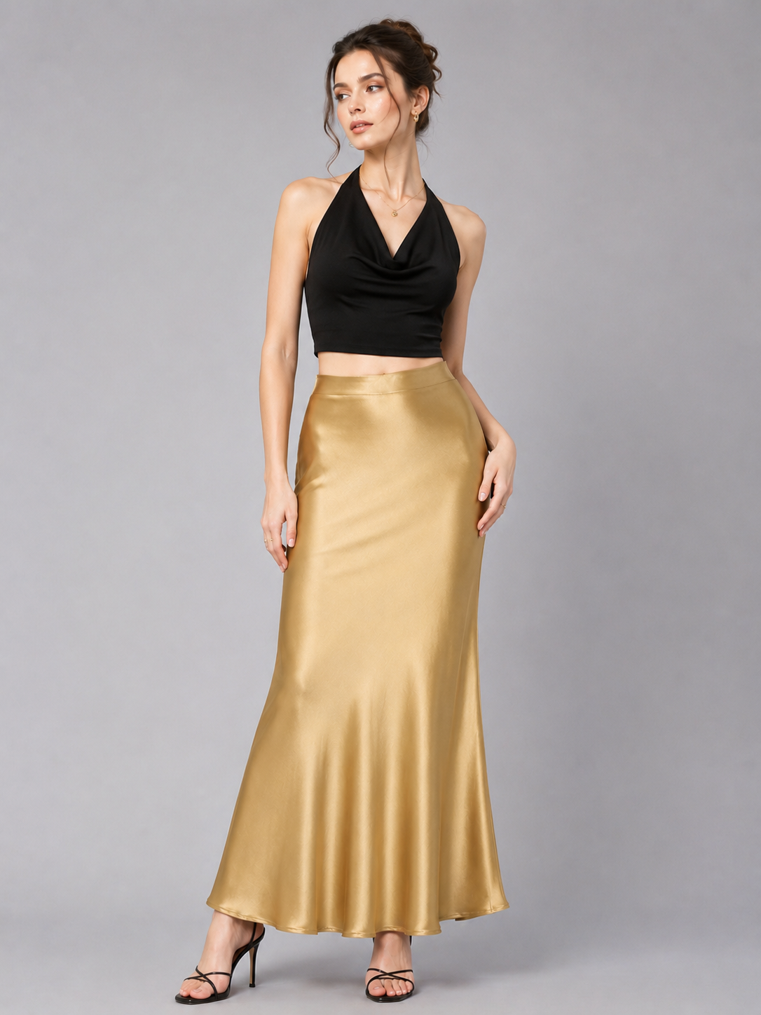 Women's Gold Satin Maxi Skirt