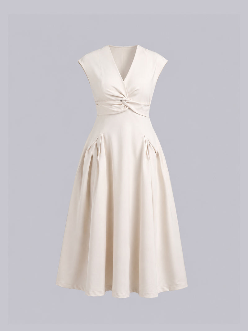 Women’s Cream Twist Front Cap Sleeve Midi Dress