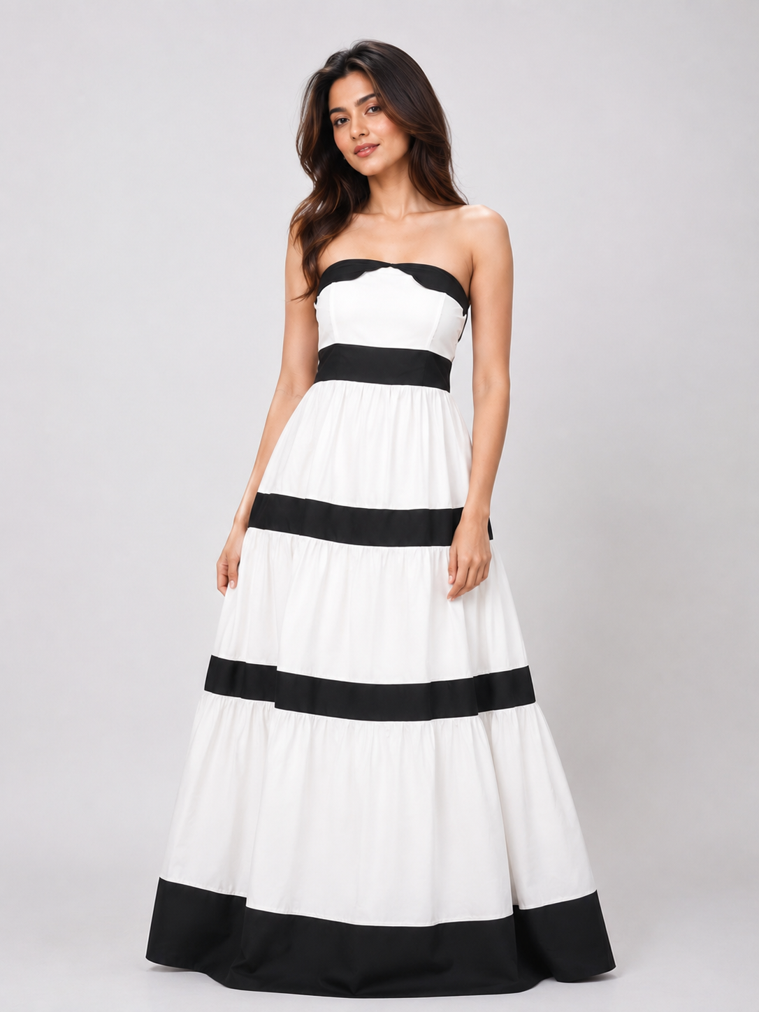 A strapless tiered maxi dress