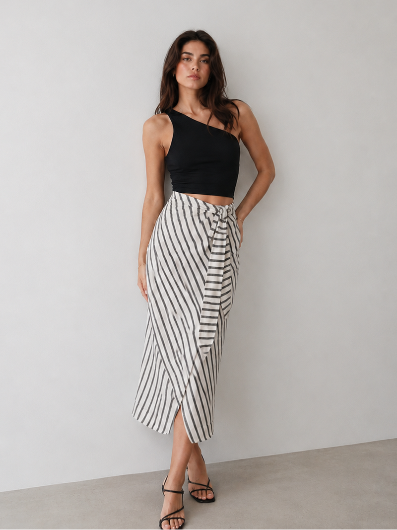 Women's White & Grey Striped Wrap Maxi Skirt