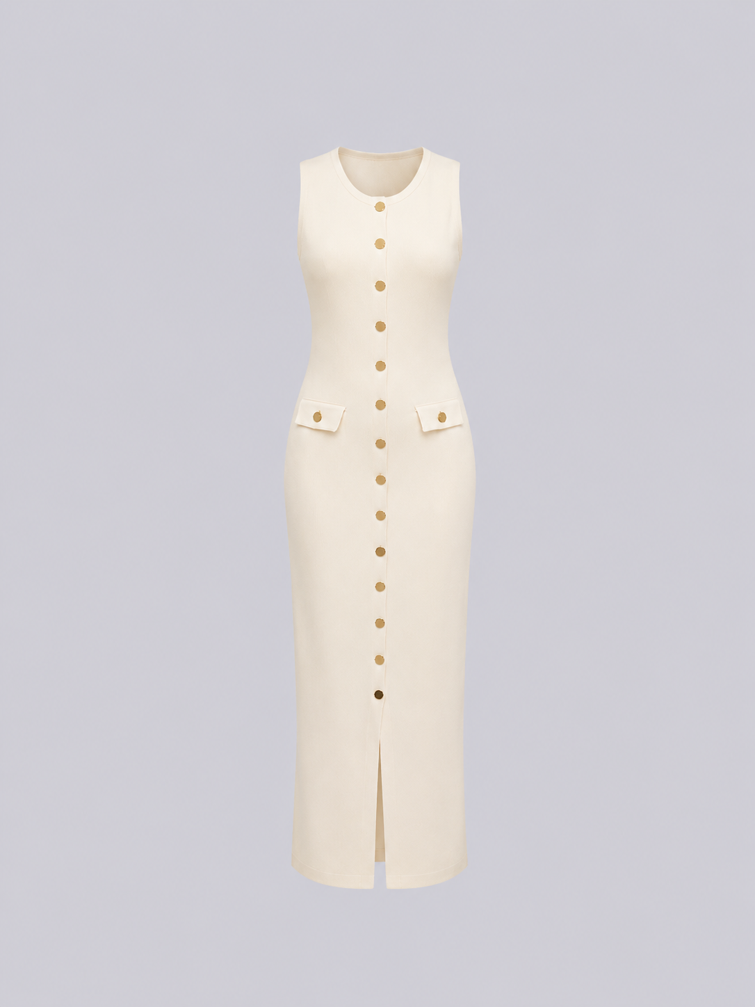 A sleeveless cream-colored midi dress with a front button